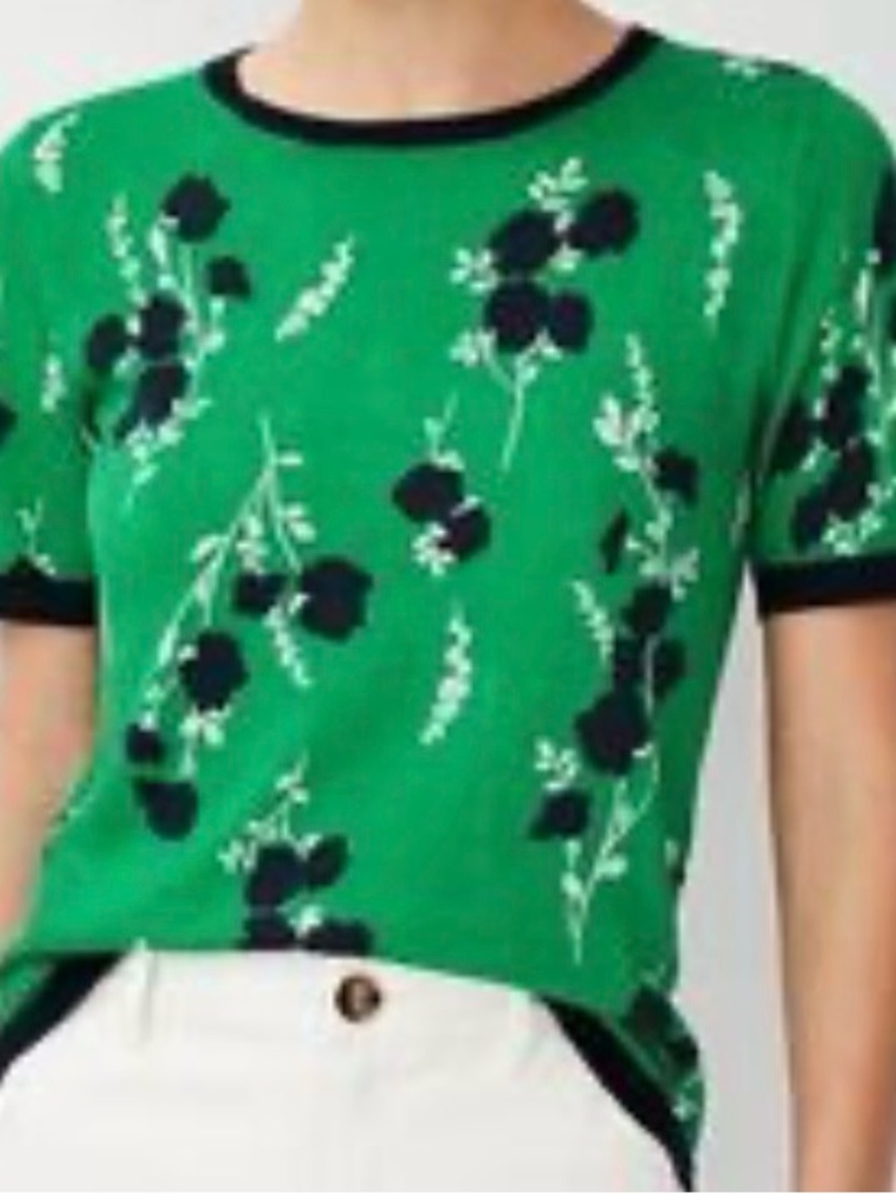 Ann Taylor Green Floral Short Sleeve Top with Navy Trim